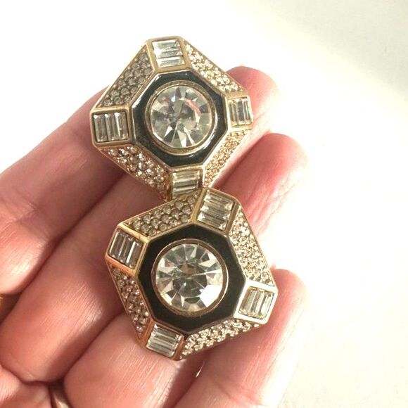 Designer 1980's Black Enamel & White Crystal Rhinestone Clip Earrings - Picture 2 of 6